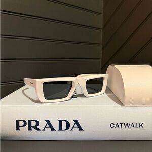 Prada White/Grey SPR24Y Frame Rectangular Sunglasses